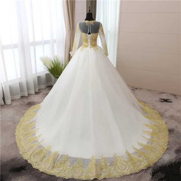 Customized Gold Lace Appliques Full Sleeve Muslim Wedding Dress - Image 3