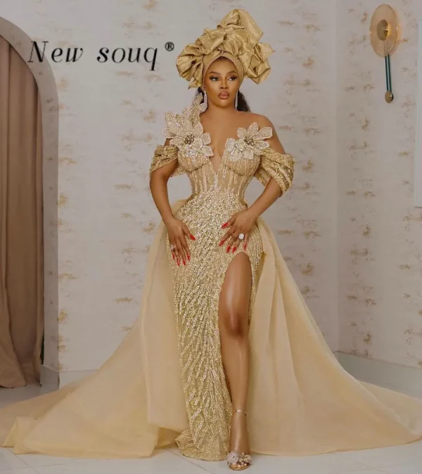 Aso Ebi Gold Beaded Mermaid Prom Dress With Detachable Train