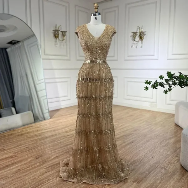 Serene Hill Luxury Dubai Arabic Mermaid Gold Beaded Evening Gown