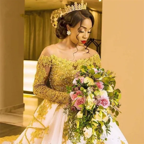 African White And Gold Lace Long Sleeve Beaded Bridal Ball Gown