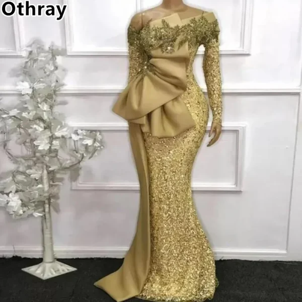 Gold wedding dresses: Lace applique off-shoulder mermaid evening gowns - Image 3