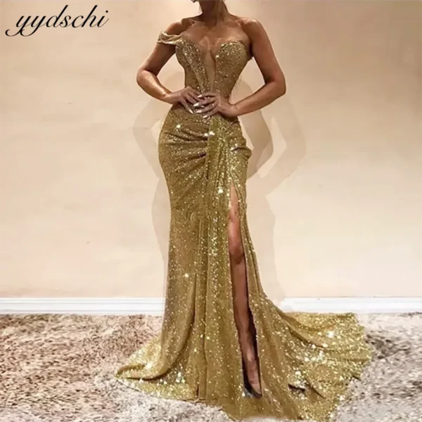 Customized Gold Glitter Beaded High Slit Mermaid Evening Wedding Dress
