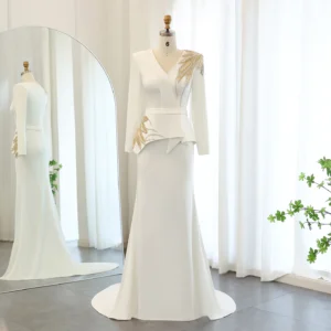 Sharon Said White Mermaid Muslim Evening Dress Long Sleeves Gold Beads