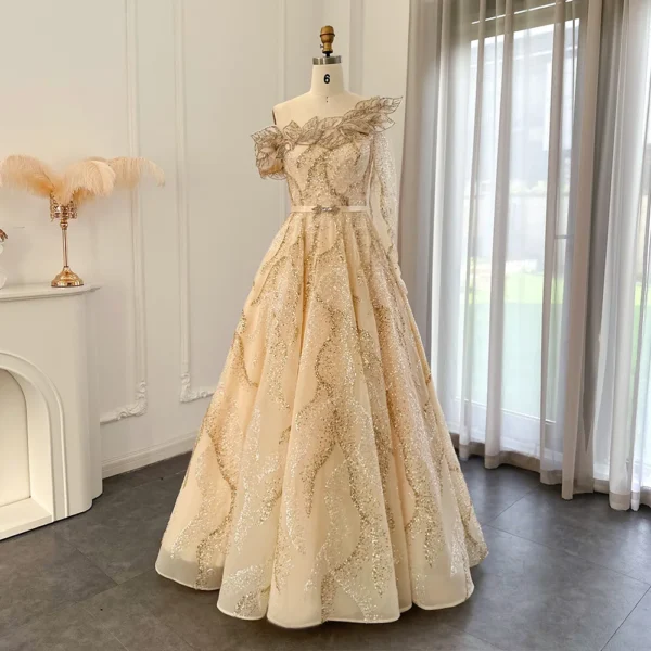 Gold Wedding Dresses Luxury One Shoulder Ball Gown Evening Dress Women - Image 3