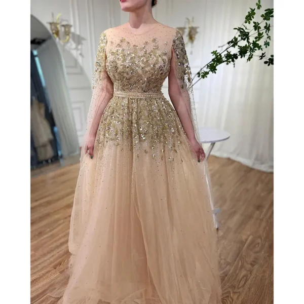 Gold Wedding Dresses A Line Cape Sleeves Beaded Evening Gown