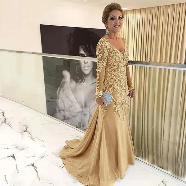 Gold Lace Mermaid V-Neck Long Sleeve Mother Wedding Dress