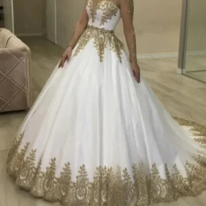 Muslim Gold Lace Wedding Dresses Off Shoulder Long Sleeves Gown