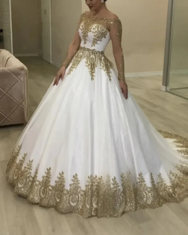 Muslim Gold Lace Wedding Dresses Off Shoulder Long Sleeves Gown