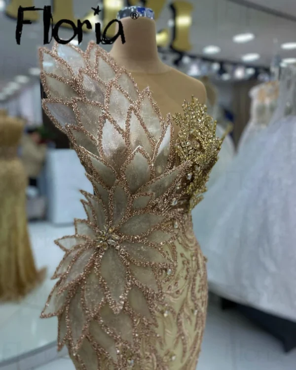 Gold 3D Leaf Design Evening Dress Crystal Corset Wedding Party Gown