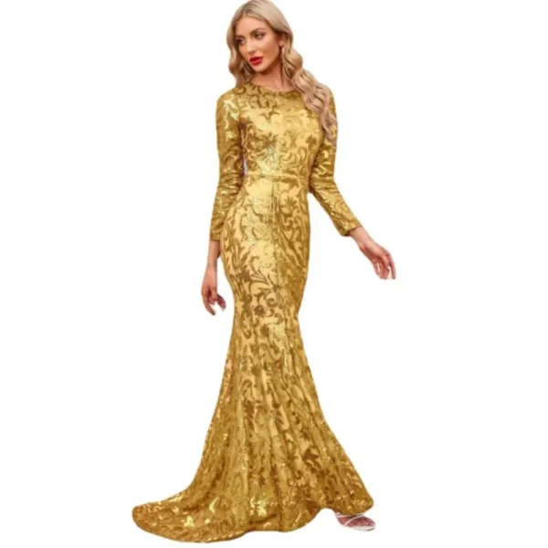 Elegant gold wedding dresses with sequined mermaid design and long sleeves