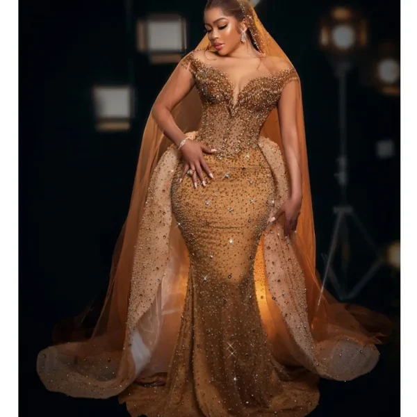 Gold Wedding Dresses: Beaded Sequined Bridal Gown with Detachable Train - Image 3