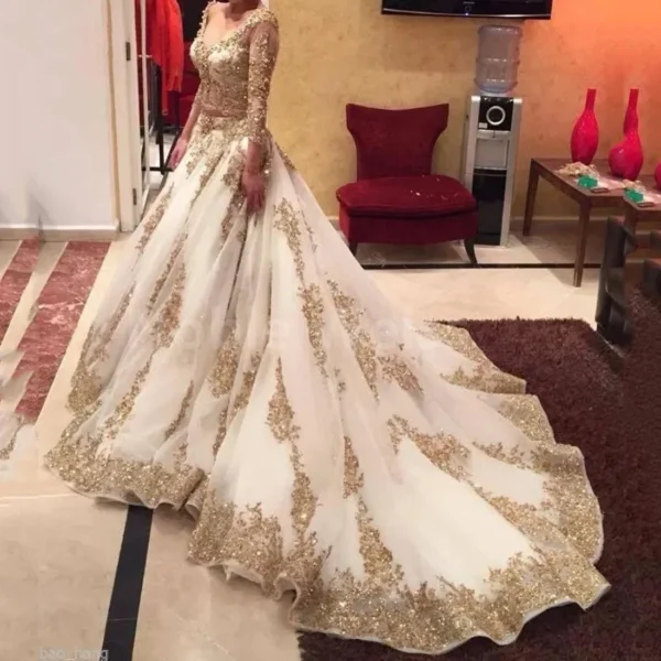 Two Pieces Wedding Dresses White Gold Applique V-Neck Bridal Gowns - Image 2