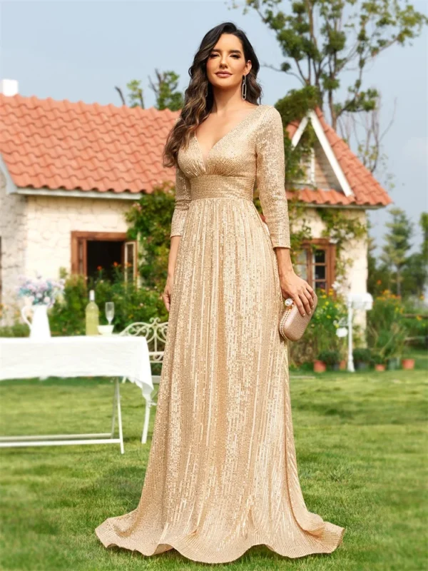 Gold Wedding Dresses Elegant Sexy Deep V-Neck Long Sleeves Gown
