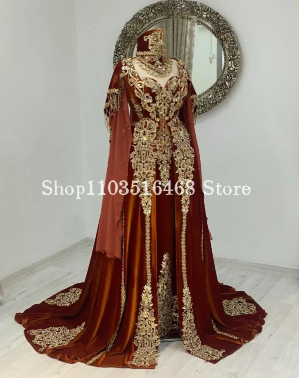 Luxury Orange Caftan Wedding Dress Gold Lace Applique Beaded