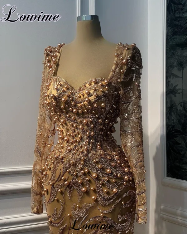 Gold Wedding Dresses Mermaid Long Sleeves With Pearls For Occasions
