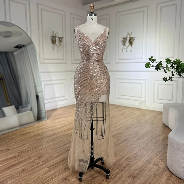 Customized Gold Mermaid Spaghetti Strap Beaded Evening Dresses For Women