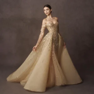 Sharon Said Luxury Gold Mermaid Evening Dress With Detachable Overskirt