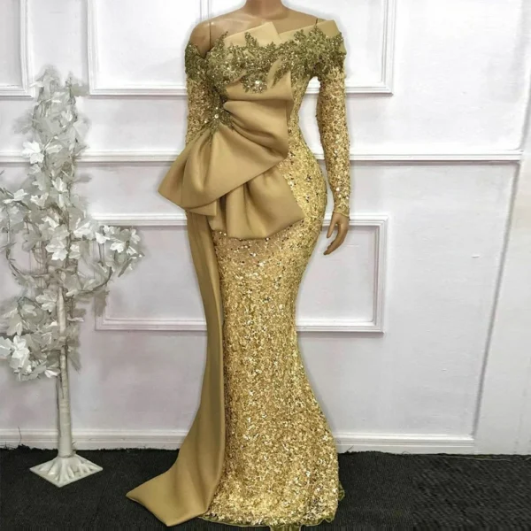 Gold Wedding Dresses Mermaid Full Sleeves Lace Applique Evening Dress - Image 4
