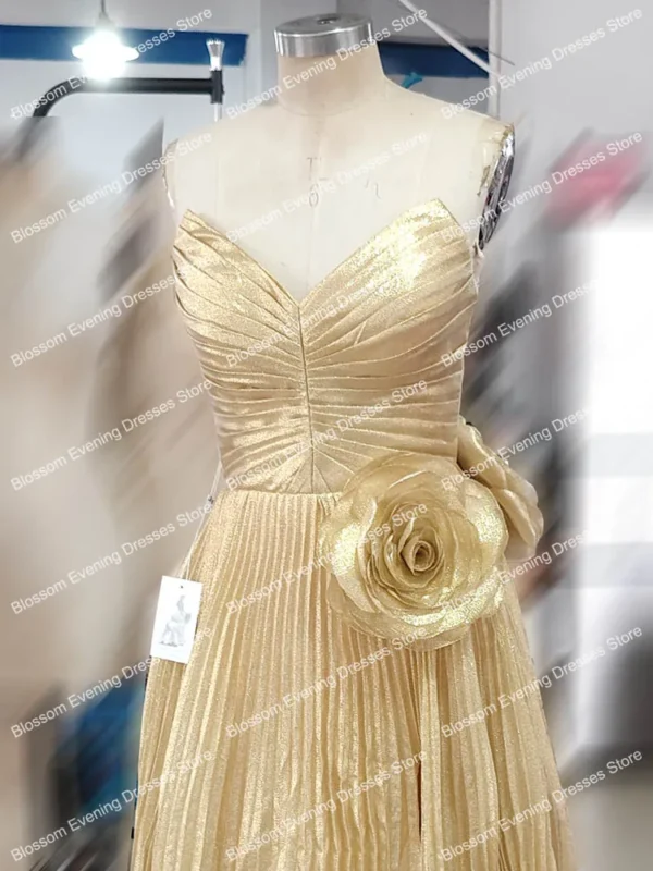 Gold Glitter Pleated A-Line Sleeveless High Split Evening Prom Dress - Image 3