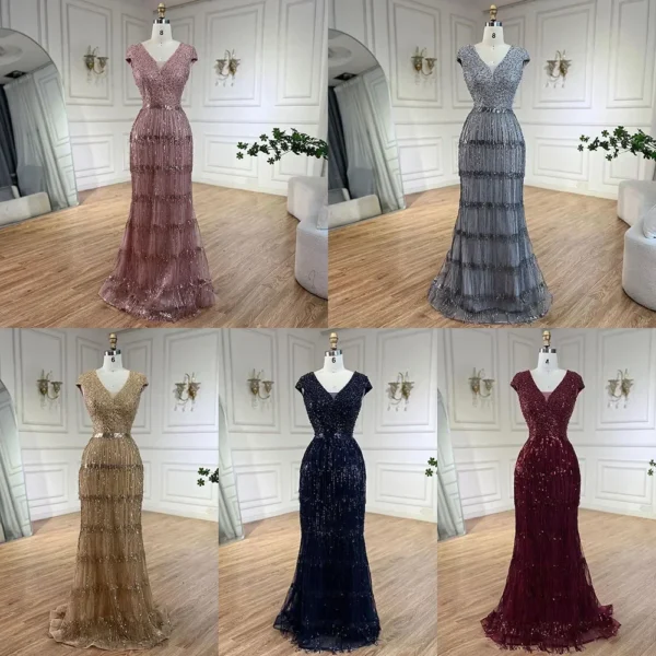 Serene Hill Luxury Dubai Arabic Mermaid Gold Beaded Evening Gown - Image 2