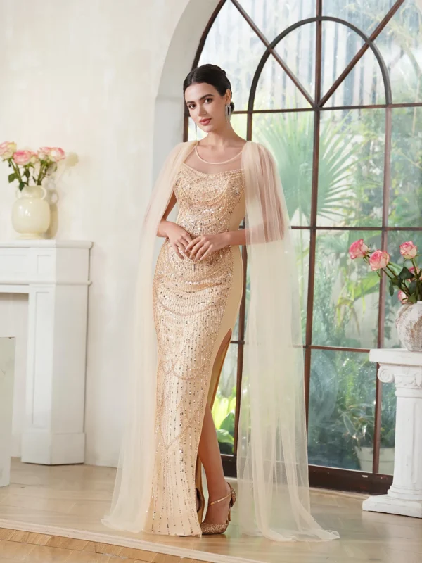 Gold Wedding Gown With Tulle Cap Mermaid Floor-Length Skirt Dress - Image 4