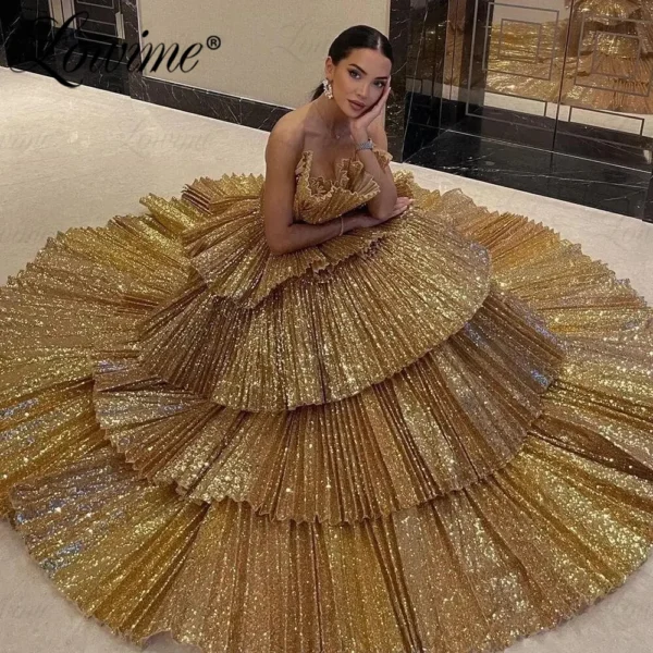 Gold Sparkly Sequined Strapless A-Line Prom Wedding Party Gown