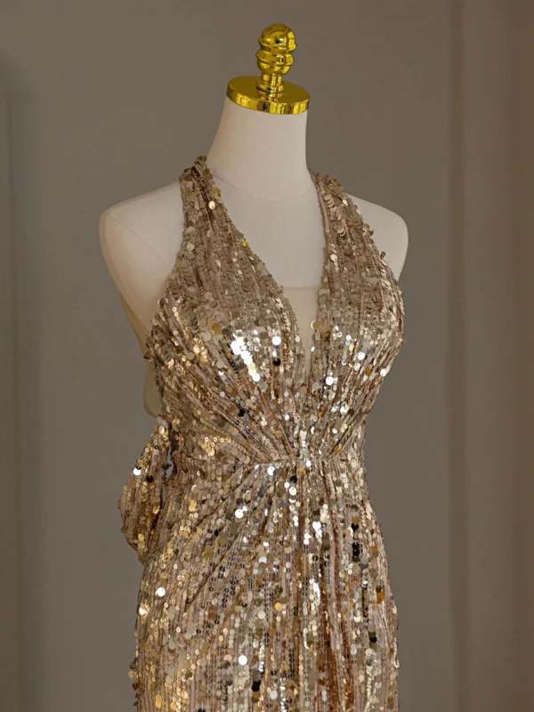 Gold V-Neck Evening Gown Sexy Tulle Backless Sleeveless Ball Dress - Image 3