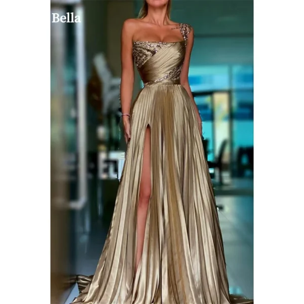 Bella Gold Pleated A-Line One Shoulder Side Split Prom Dress Gown
