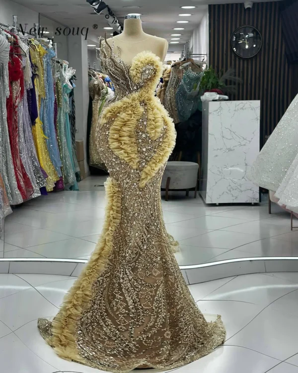 Gold Sparkle Ruffles Beaded Sleeveless Evening Dresses Wedding Gowns