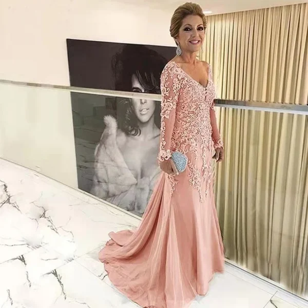Gold Lace Mermaid V-Neck Long Sleeve Mother Wedding Dress - Image 3
