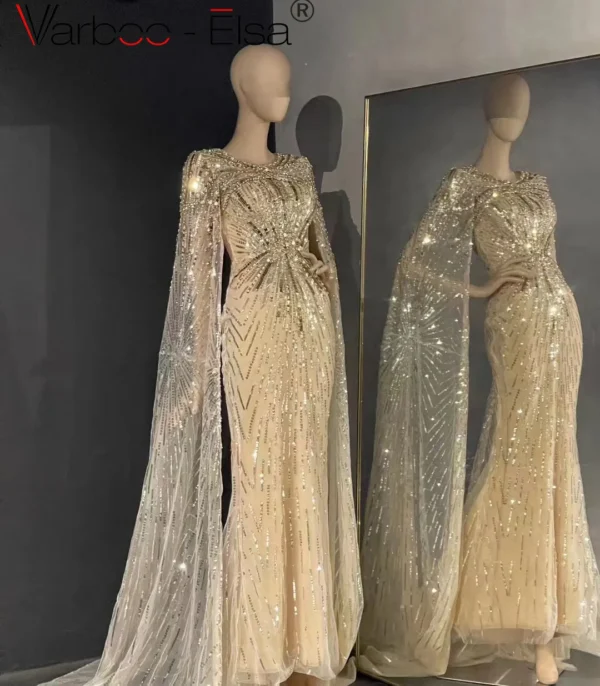 Varboo_Elsa Luxury Gold Evening Dresses with Cape for Women