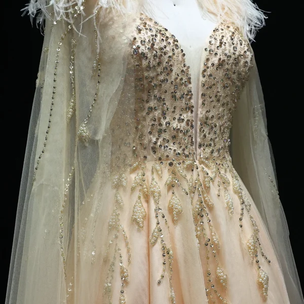 Luxury Gold Beaded Feather Dubai Evening Dress with Cape 2025 Elegant - Image 2