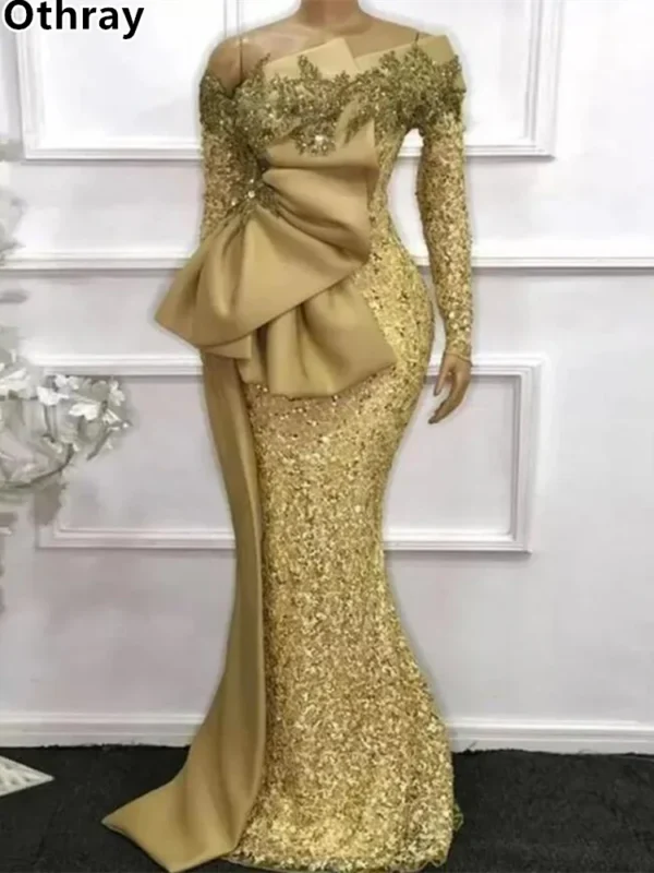 Gold wedding dresses: Lace applique off-shoulder mermaid evening gowns - Image 4