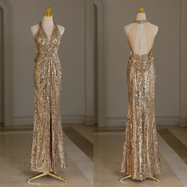 Gold V-Neck Evening Gown Sexy Tulle Backless Sleeveless Ball Dress - Image 5