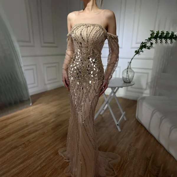 Gold wedding dresses, off-shoulder mermaid beaded elegant party gowns - Image 6